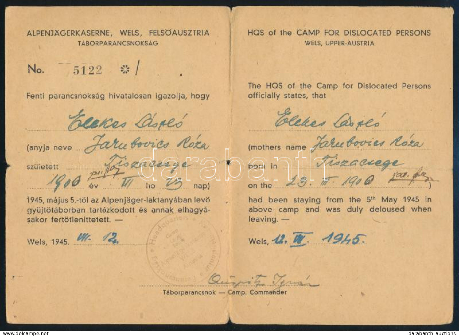 1945 Mauthauseni Koncentrációs Táborból Szabadult Magyar, Tiszacsegei Születésű Személy, Ideiglenes Igazolványa, 1945. J - Autres & Non Classés