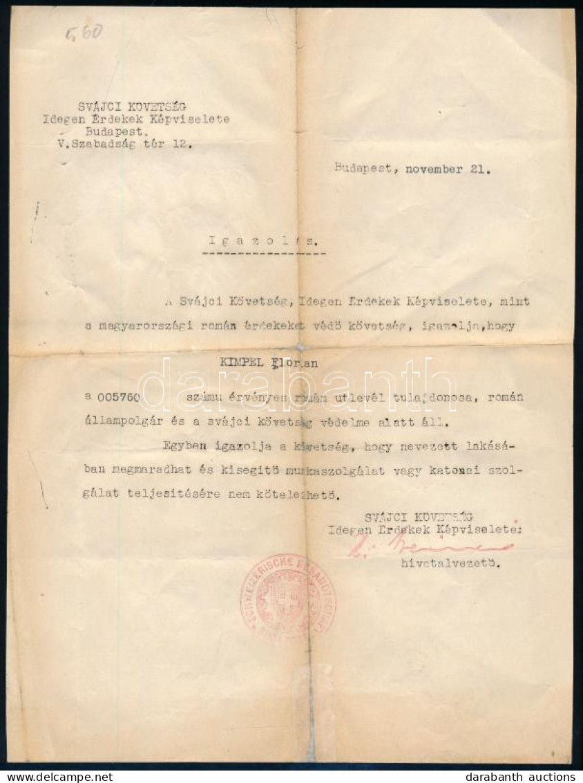Cca 1944 Bp., A Svájci Követség által Kiállított Menlevél (Schutzpass) Román állampolgár Részére / Schutzpass Issued By  - Autres & Non Classés