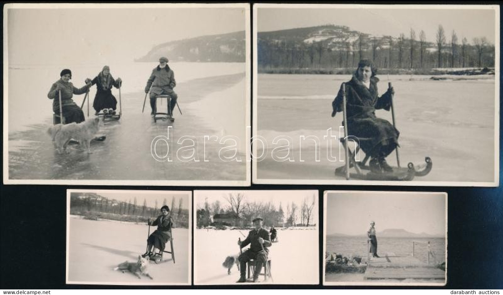 1937 Fonyód, Bélatelep, Fakutyázás Kutyával, 5 Db Fotó, 4,5×6 és 8,5×11,5 Cm - Autres & Non Classés