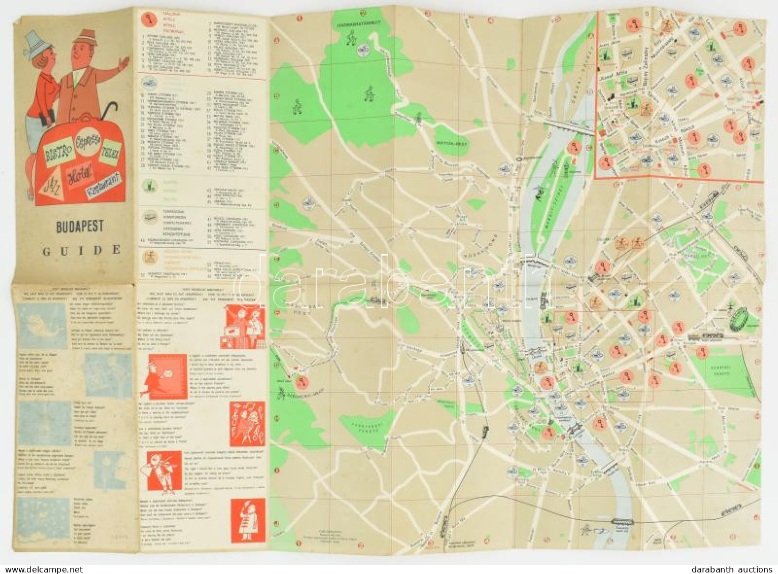 1963 Budapest Guide, Többnyelvű Idegenforgalmi Tájékoztató és Térkép. Bp., Cartographia. Kissé Foltos, 68x48 Cm - Autres & Non Classés