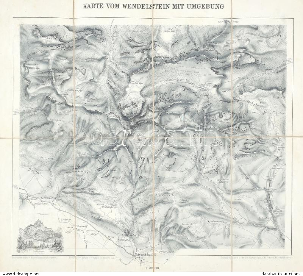 Cca 1890 Wendelstein és Környéke Litografált Térkép A Hegycsúcs Képével Vászonra Kasírozva. 37x31 Cm - Autres & Non Classés