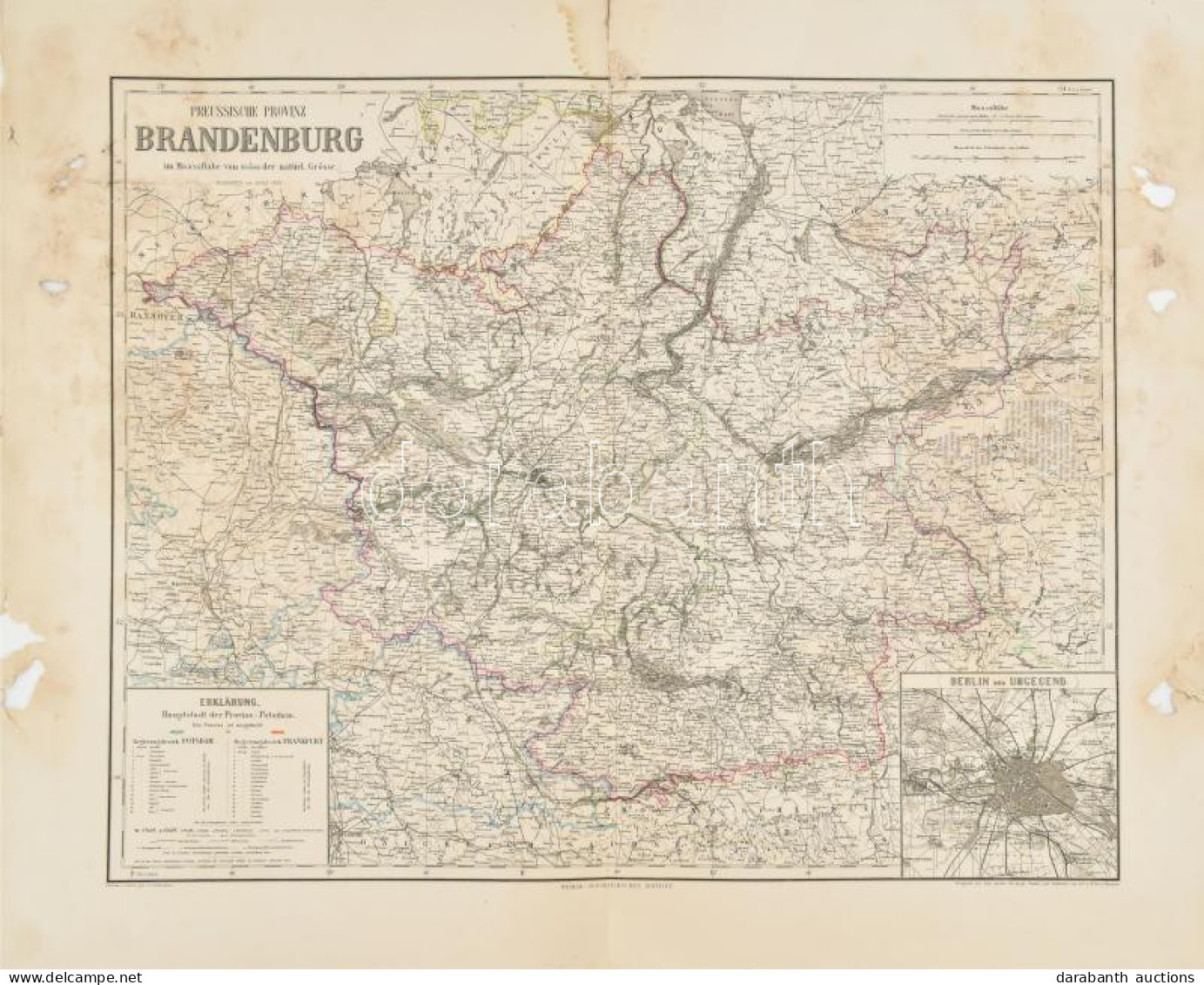Brandenburg Térképe (Die Preussische Provinz Brandenburg), Jobb Alsó Sarkában Berlin és Környéke Térképpel, XIX. Sz. Köz - Other & Unclassified