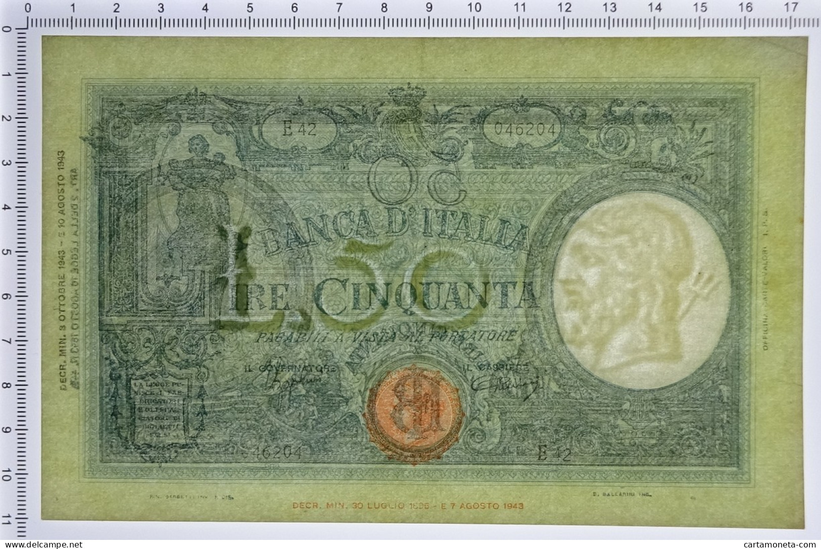 50 LIRE BARBETTI GRANDE L SENZA MATRICE BI RSI 08/10/1943 SUP- - Regno D'Italia – Other