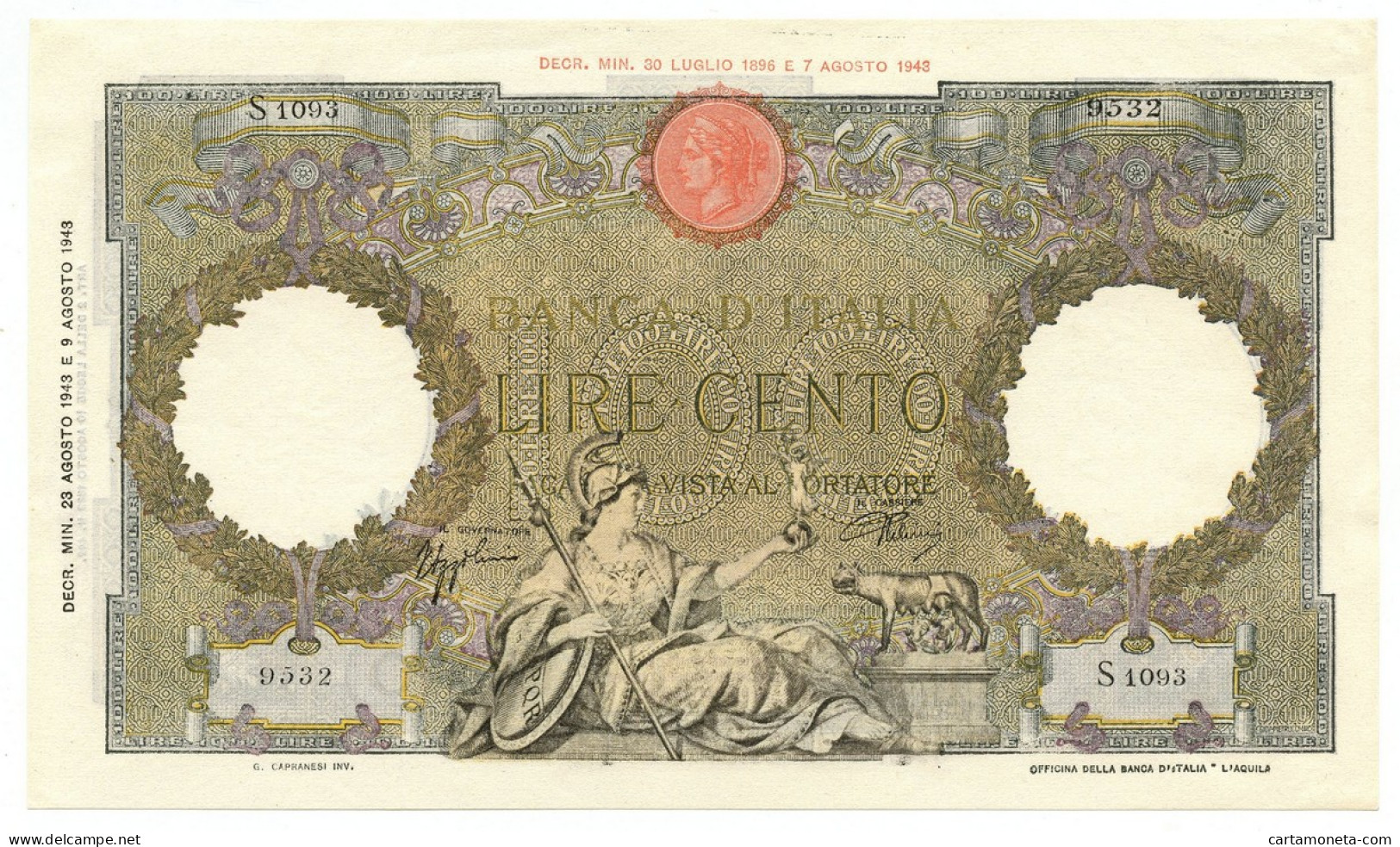 100 LIRE CAPRANESI AQUILA ROMANA TESTINA RETRO BI 23/08/1943 QFDS - Regno D'Italia – Autres