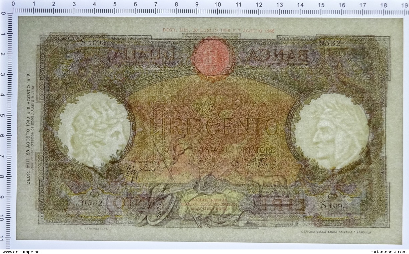 100 LIRE CAPRANESI AQUILA ROMANA TESTINA RETRO BI 23/08/1943 QFDS - Regno D'Italia - Altri