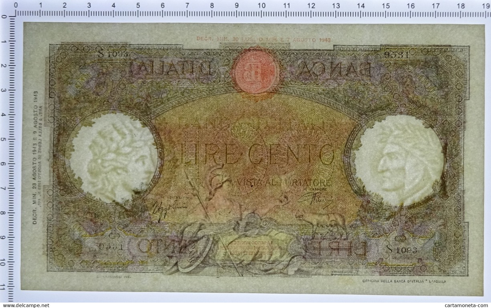 100 LIRE CAPRANESI AQUILA ROMANA TESTINA RETRO BI 23/08/1943 SUP+ - Sonstige