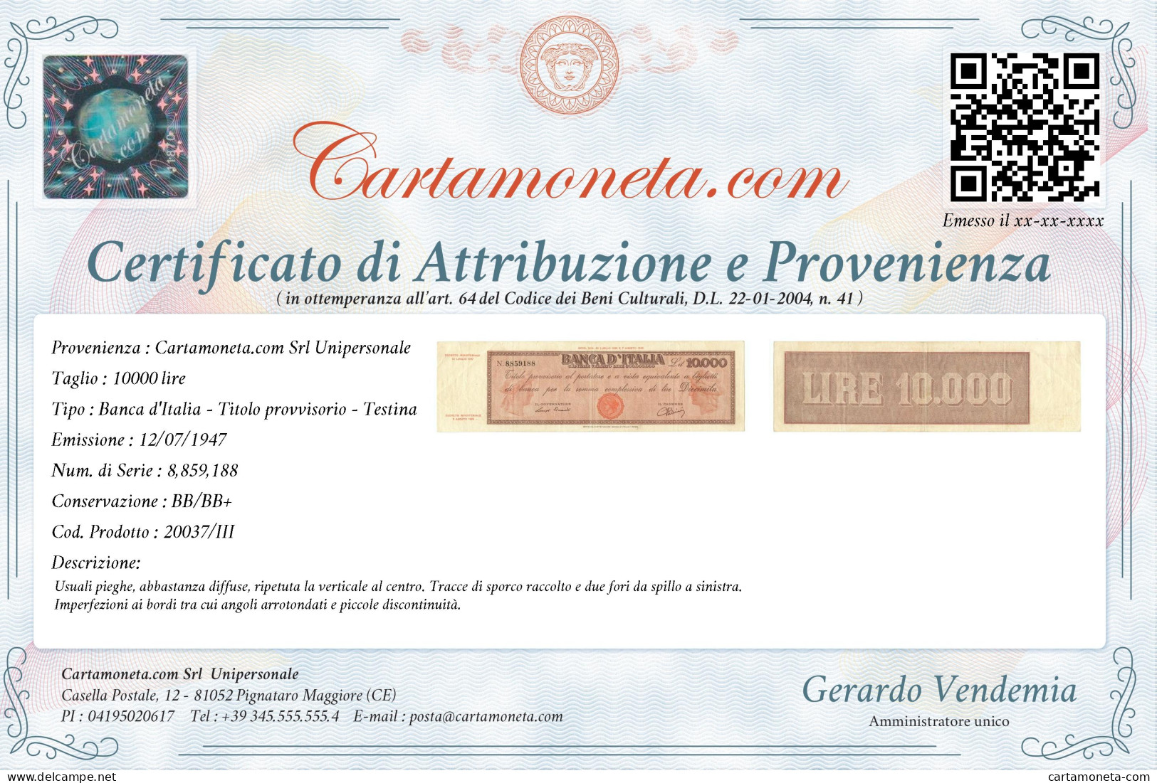 10000 LIRE TITOLO PROVVISORIO TESTINA REPUBBLICA ITALIANA 12/07/1947 BB/BB+ - Autres & Non Classés