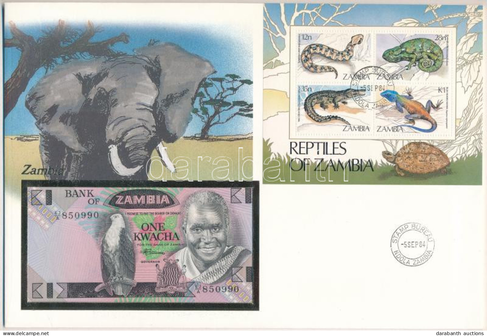 Zambia 1980-1988. 1K Felbélyegzett Borítékban, Bélyegzéssel T:UNC Zambia 1980-1988. 1 Kwacha In Envelope With Stamp And  - Ohne Zuordnung