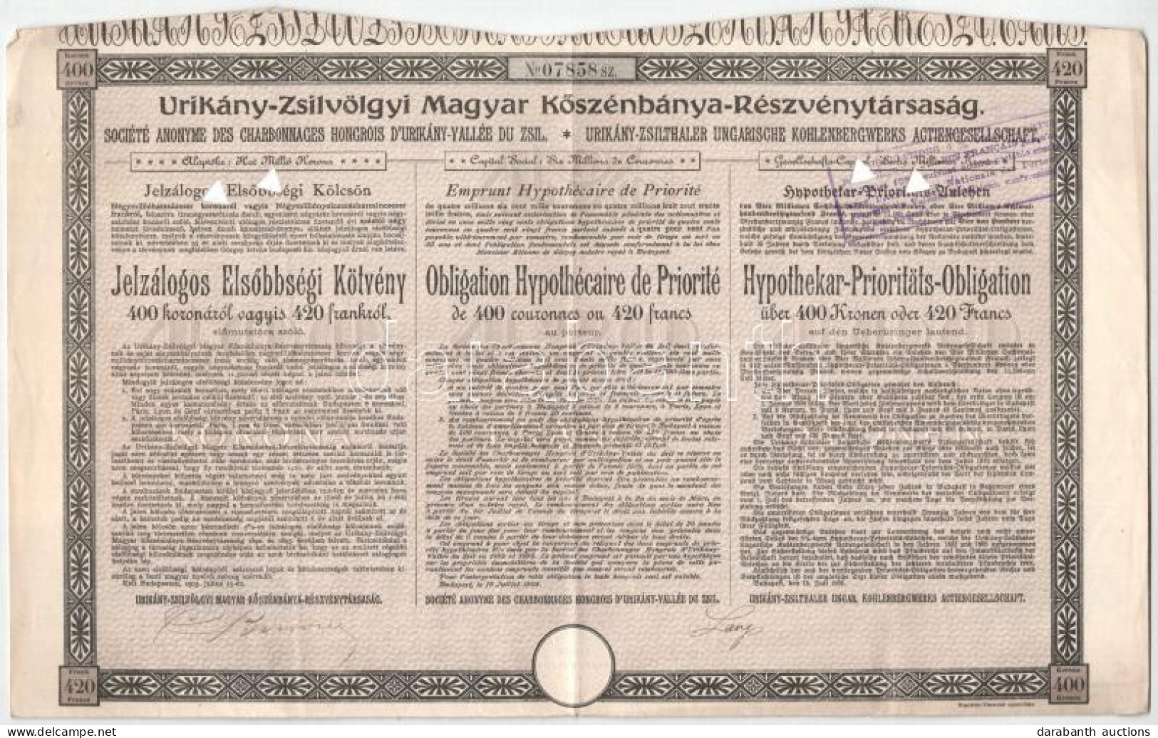 Budapest 1905. "Urikány-Zsilvölgyi Magyar Kőszénbánya-Részvénytársaság" Jelzálogos Elsőbbségi Kötvénye 400K-ról Bélyegzé - Ohne Zuordnung