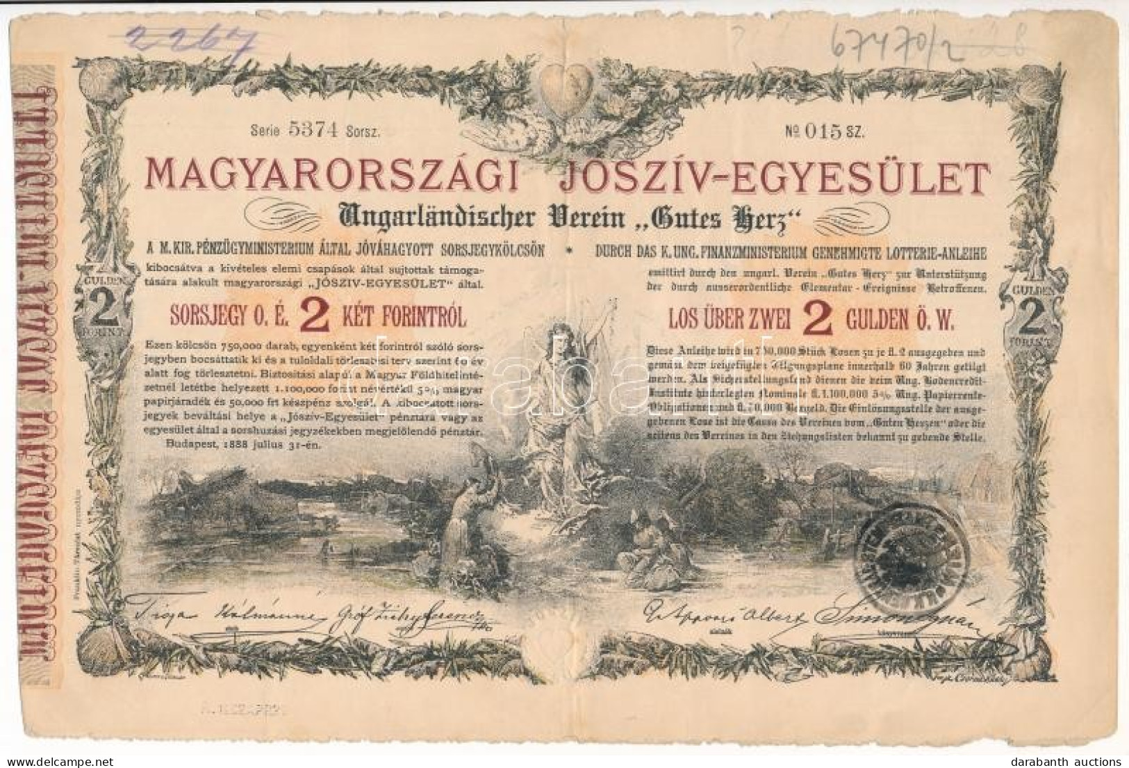 Budapest 1888. "Magyarországi Jószív-Egyesület" Sorsjegykölcsön 2Ft-ról, Szárazpecséttel, Bélyegzéssel T:III - Ohne Zuordnung