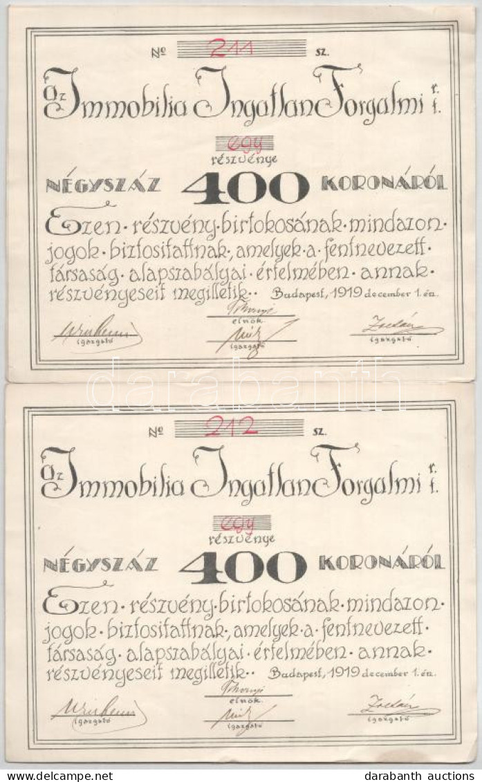 Budapest 1919. "Az Immobilia Ingatlan Forgalmi Részvénytársaság" Részvénye 400K-ról Szelvényekkel (2x) Sorszámkövetők T: - Unclassified