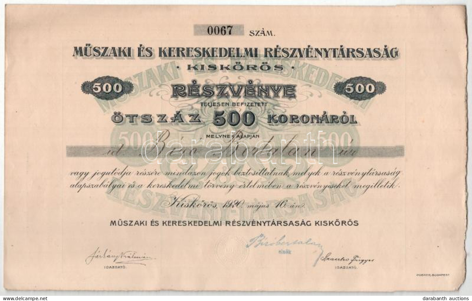 Kiskőrös 1920. "Műszaki és Kereskedelmi Részvénytársaság" Névre Szóló Részvénye 500K-ról Szelvényekkel, Szárazpecséttel  - Non Classés