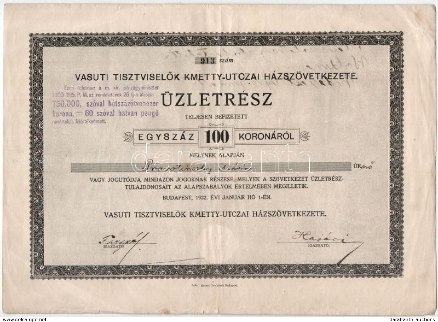 Budapest 1922. "Vasúti Tisztviselők Kmetty-utczai Házszövetkezete" Névre Szóló üzletrész 100K-ról (6x) Sorszámkövetők "9 - Non Classificati