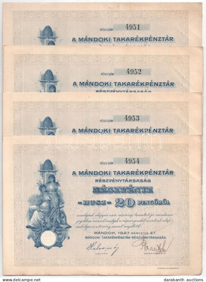 Mándok 1927. "Mándoki Takarékpénztár Részvénytársaság" Részvénye 20P-ről, Szelvényekkel és Szárazpecséttel (4x) Sorszámk - Non Classificati