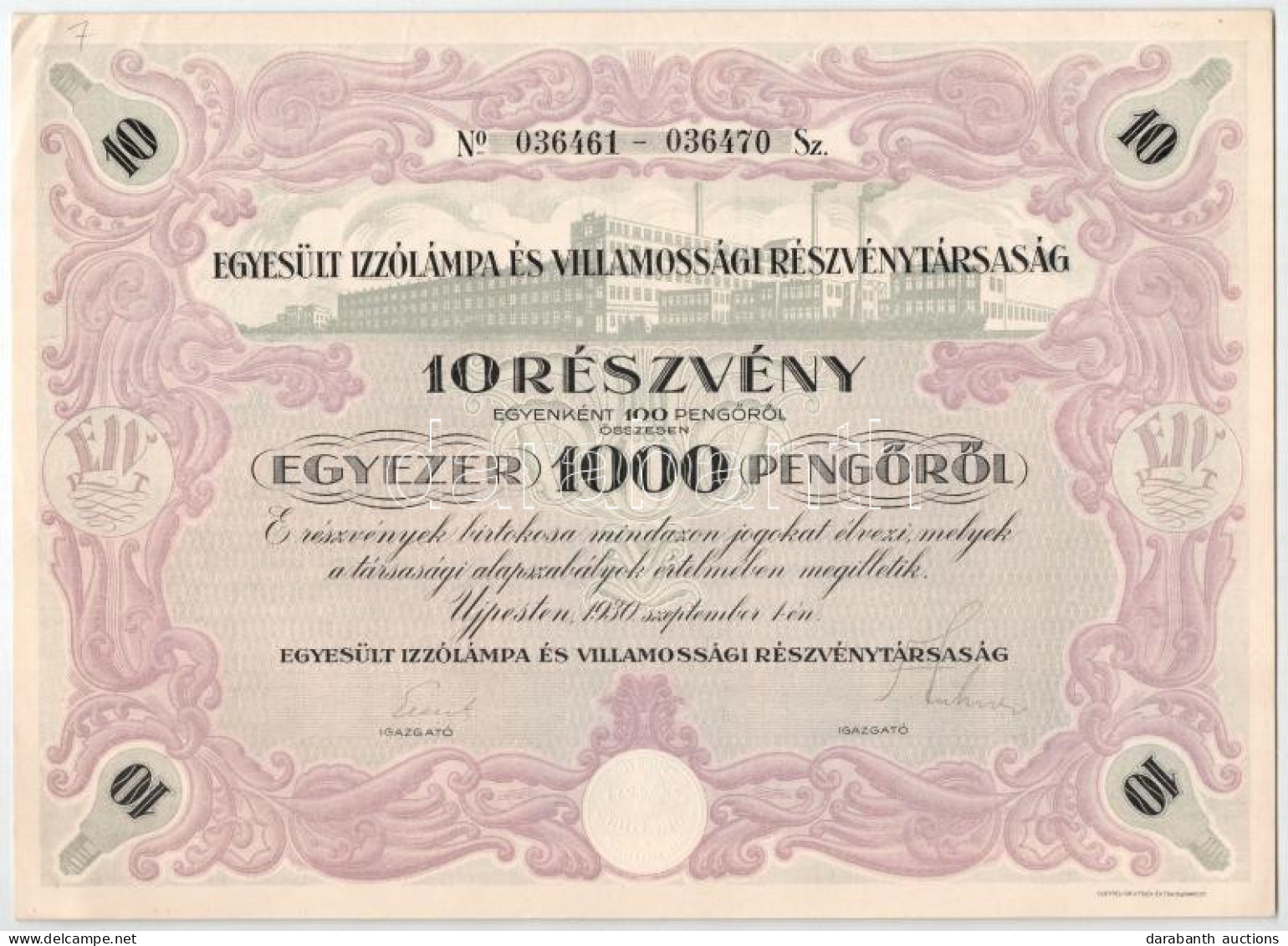 Újpest 1930. "Egyesült Izzólámpa és Villamossági Részvénytársaság" 10 Részvénye Egyben, összesen 1000P-ről, Szárazpecsét - Unclassified