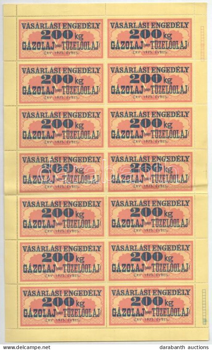 1975. "Vásárlási Engedély - 200kg Gázolaj Vagy Tüzelőolaj" (14x) Bélyeg, Teljes ív T:III Perforációnál Szakadás - Sin Clasificación