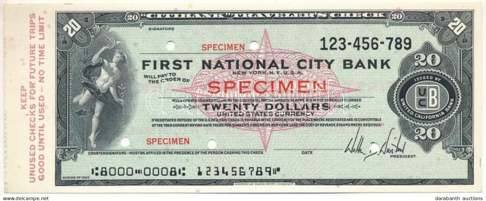 Amerikai Egyesült Államok DN 20$ "First National City Bank" "SPECIMEN" Utazási Csekk T:AU USA ND 20 Dollars "First Natio - Sin Clasificación