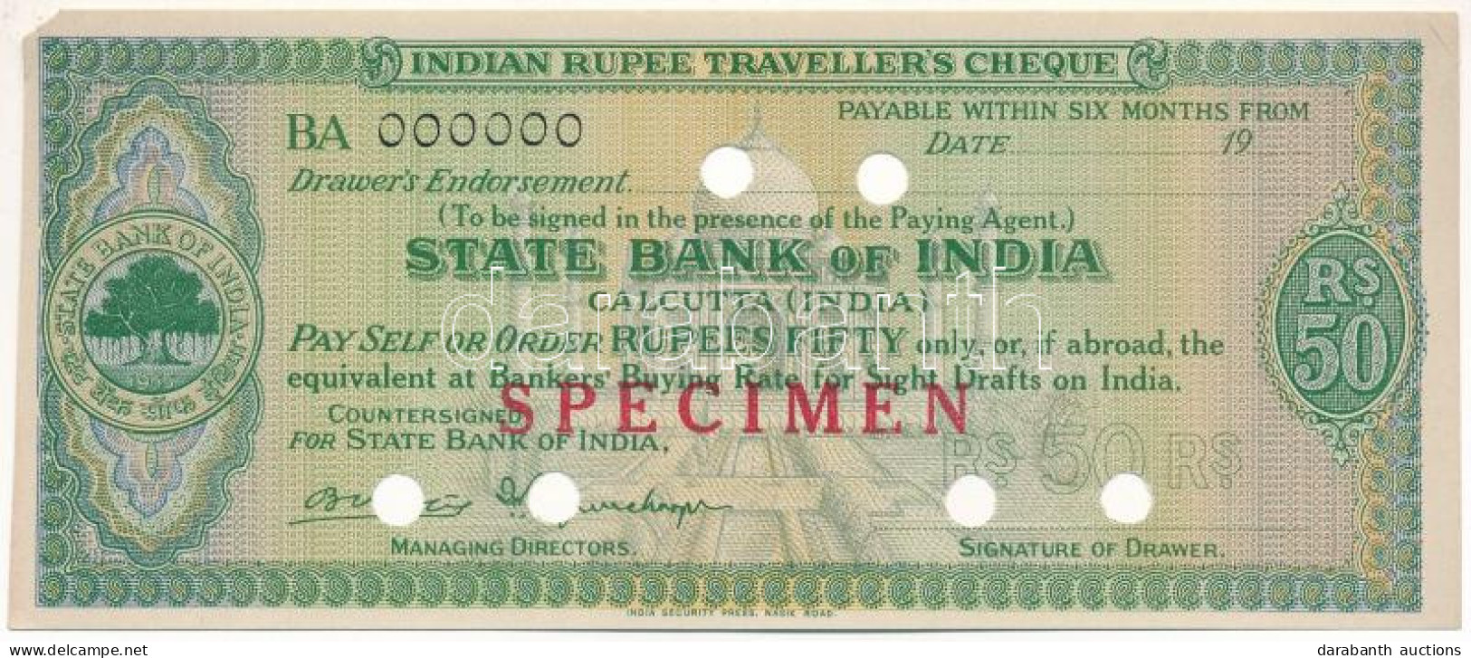 India DN 50R "State Bank Of India" "SPECIMEN" Utazási Csekk T:XF Hajtatlan, Sarokban Anyaghiány India ND 50 Rupees "Stan - Ohne Zuordnung