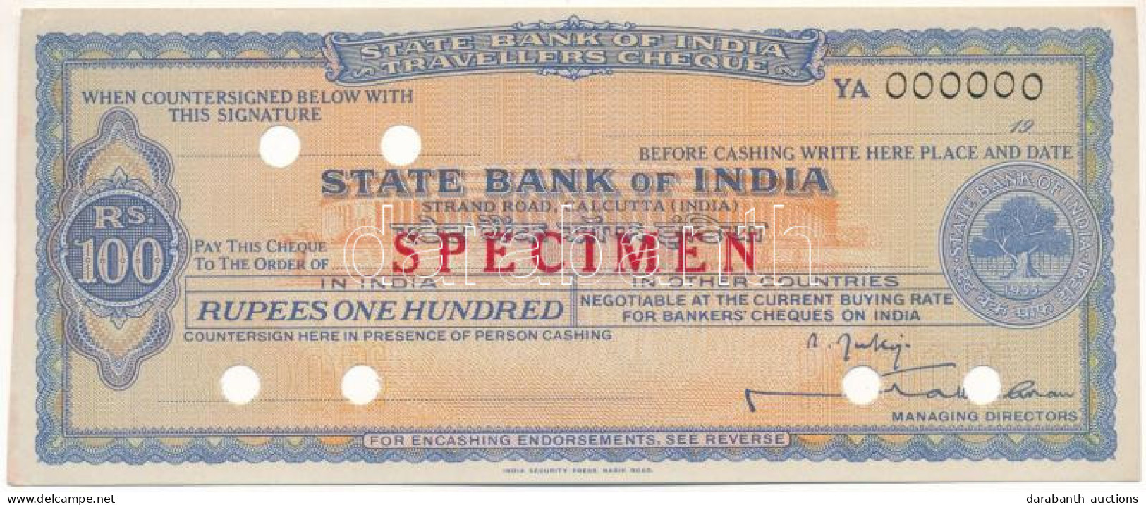 India DN 100R "State Bank Of India" "SPECIMEN" Utazási Csekk T:AU India ND 100 Rupees "Standard Bank" "SPECIMEN" Travell - Non Classés