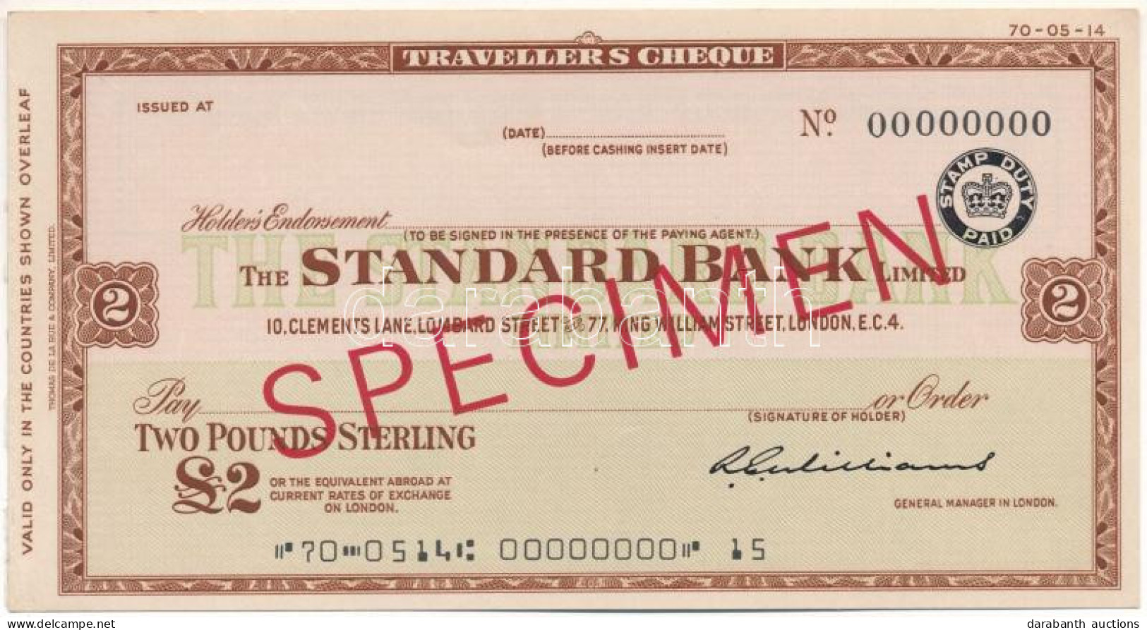 Nagy-Britannia DN 2P "Standard Bank" "SPECIMEN" Utazási Csekk T:AU United Kingdom ND 2 Pounds "Standard Bank" "SPECIMEN" - Zonder Classificatie