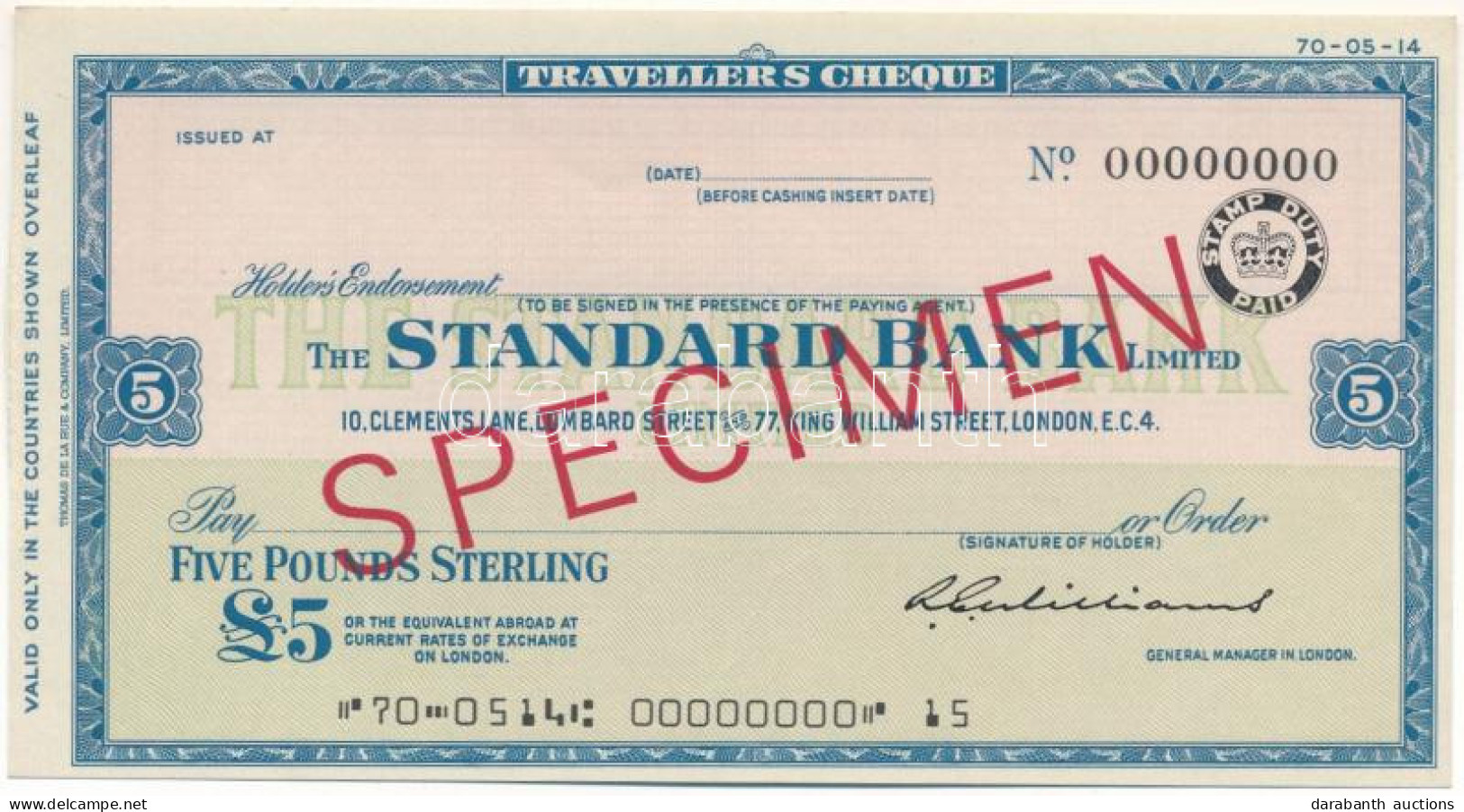 Nagy-Britannia DN 5P "Standard Bank" "SPECIMEN" Utazási Csekk T:AU United Kingdom ND 5 Pounds "Standard Bank" "SPECIMEN" - Non Classificati