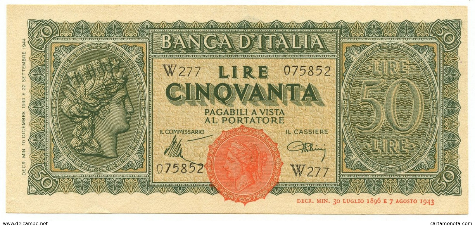 50 LIRE ITALIA TURRITA TESTINA SERIE SOSTITUTIVA W227 10/12/1944 BB/SPL - Regno D'Italia – Other