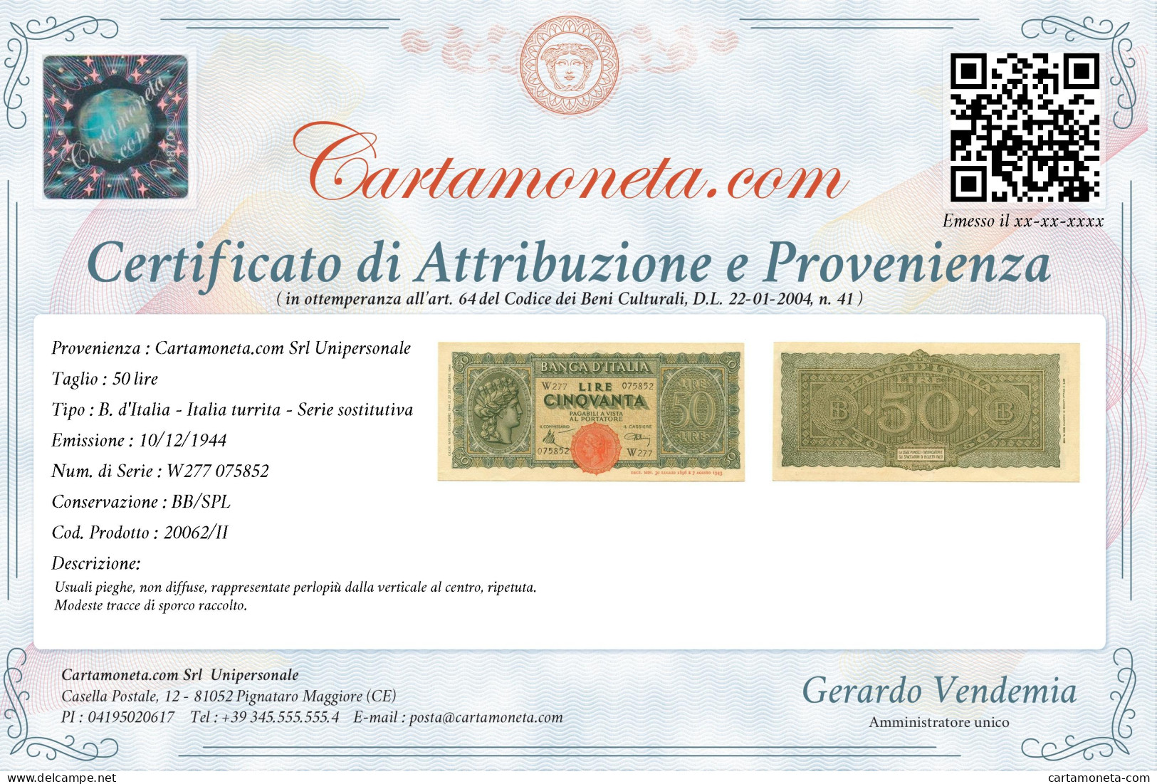 50 LIRE ITALIA TURRITA TESTINA SERIE SOSTITUTIVA W227 10/12/1944 BB/SPL - Regno D'Italia - Altri