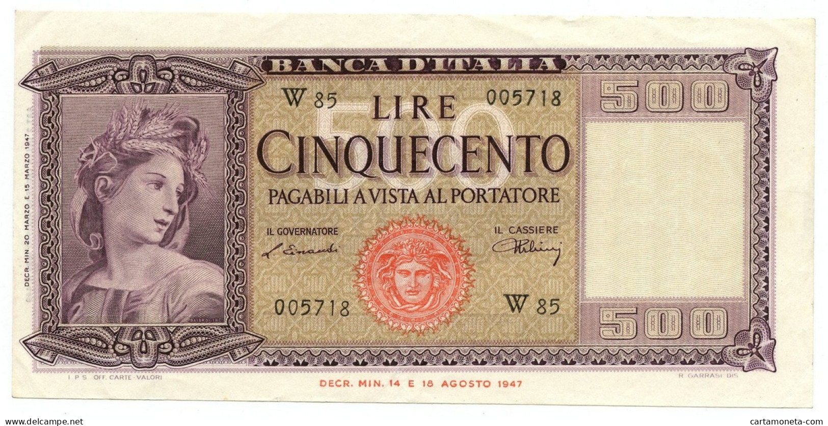 500 LIRE ITALIA ORNATA DI SPIGHE MEDUSA SERIE SOSTITUTIVA W85 20/03/1947 SPL - Sonstige & Ohne Zuordnung