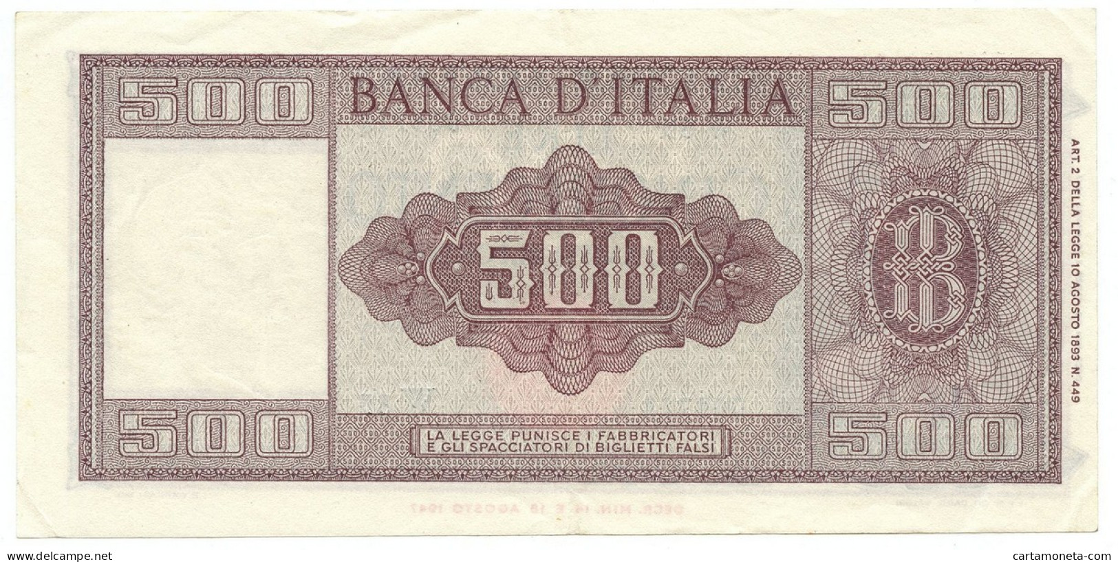 500 LIRE ITALIA ORNATA DI SPIGHE MEDUSA SERIE SOSTITUTIVA W85 20/03/1947 SPL - Other & Unclassified