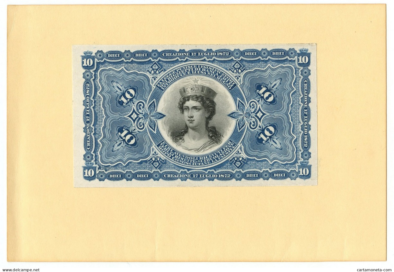 10 LIRE PROVA RETRO SU CARTONCINO BANCA NAZIONALE REGNO D'ITALIA 17/07/1872 SUP+ - Autres & Non Classés