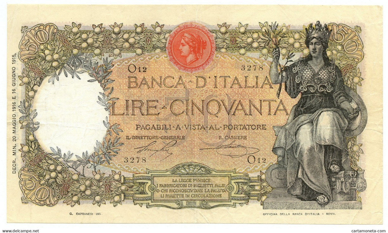 50 LIRE CAPRANESI BUOI TESTINA DECRETO 20/05/1916 BB+ - Regno D'Italia – Autres