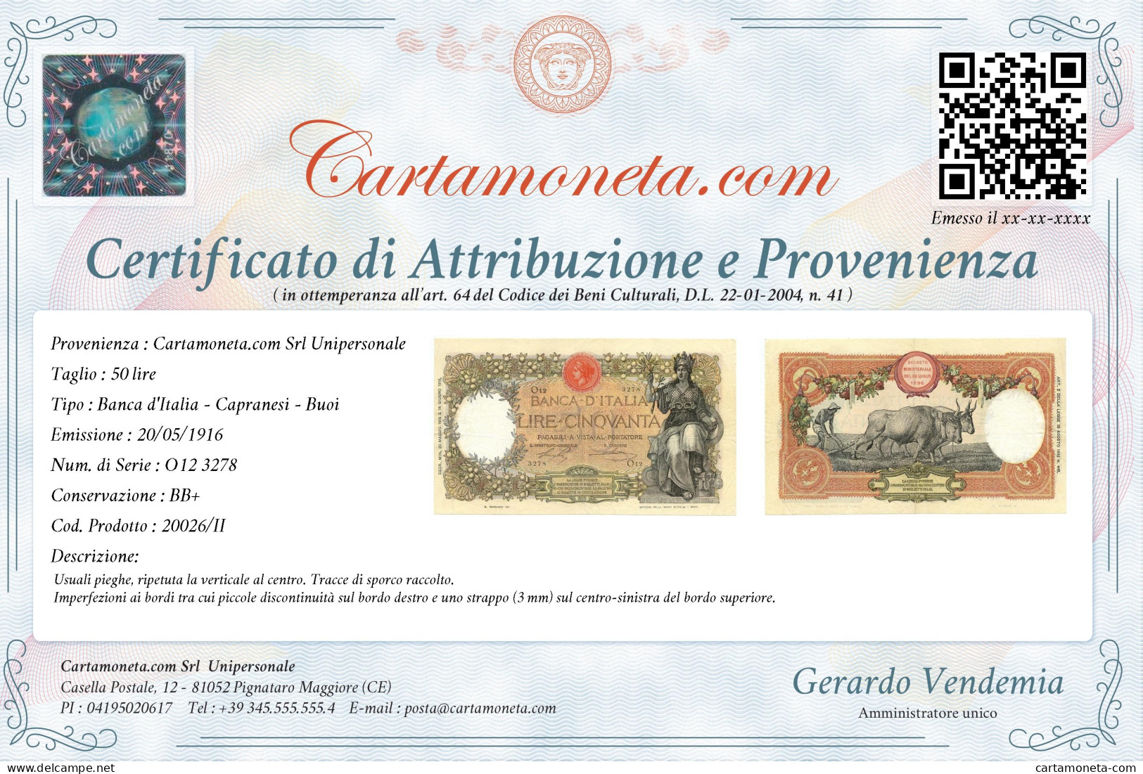 50 LIRE CAPRANESI BUOI TESTINA DECRETO 20/05/1916 BB+ - Regno D'Italia – Other