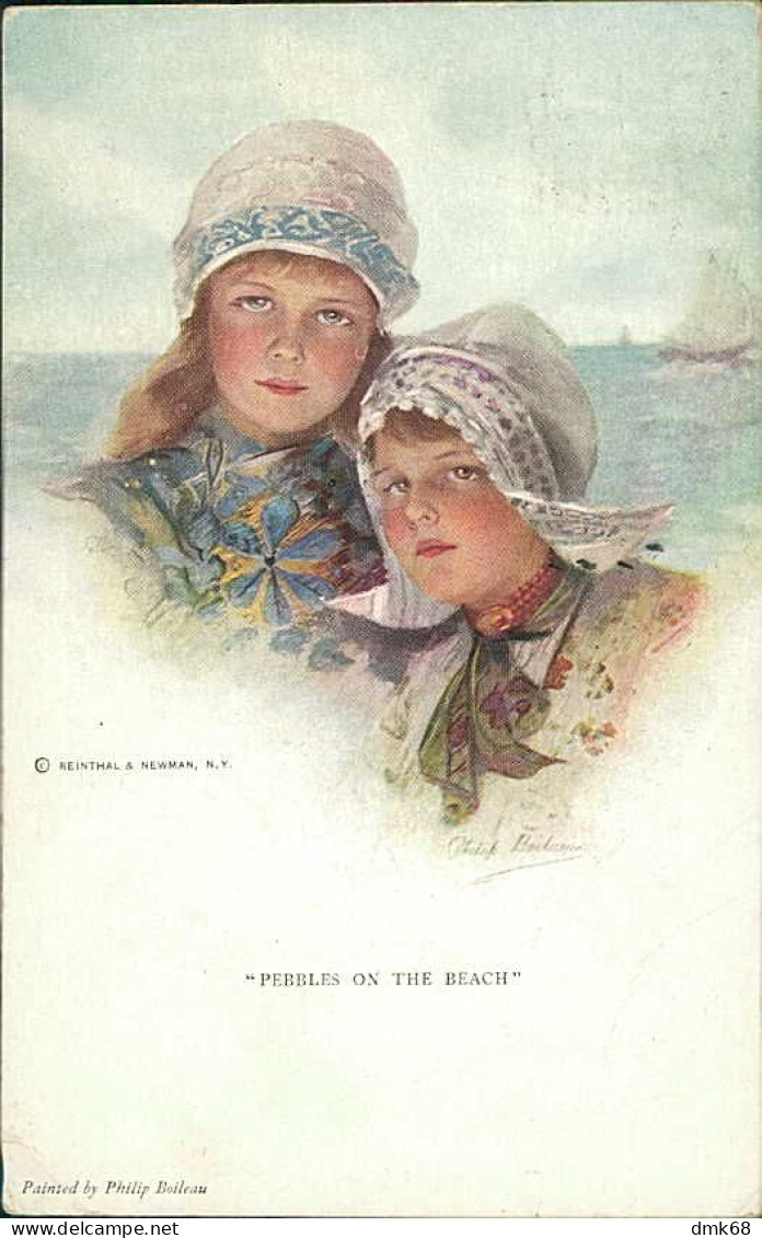 PHILIP BOILEAU SIGNED 1910s POSTCARD - GIRLS / PEBBLES ON THE BEACH - EDIT REINTHAL & NEWMAN N. 756 (5198) - Boileau, Philip