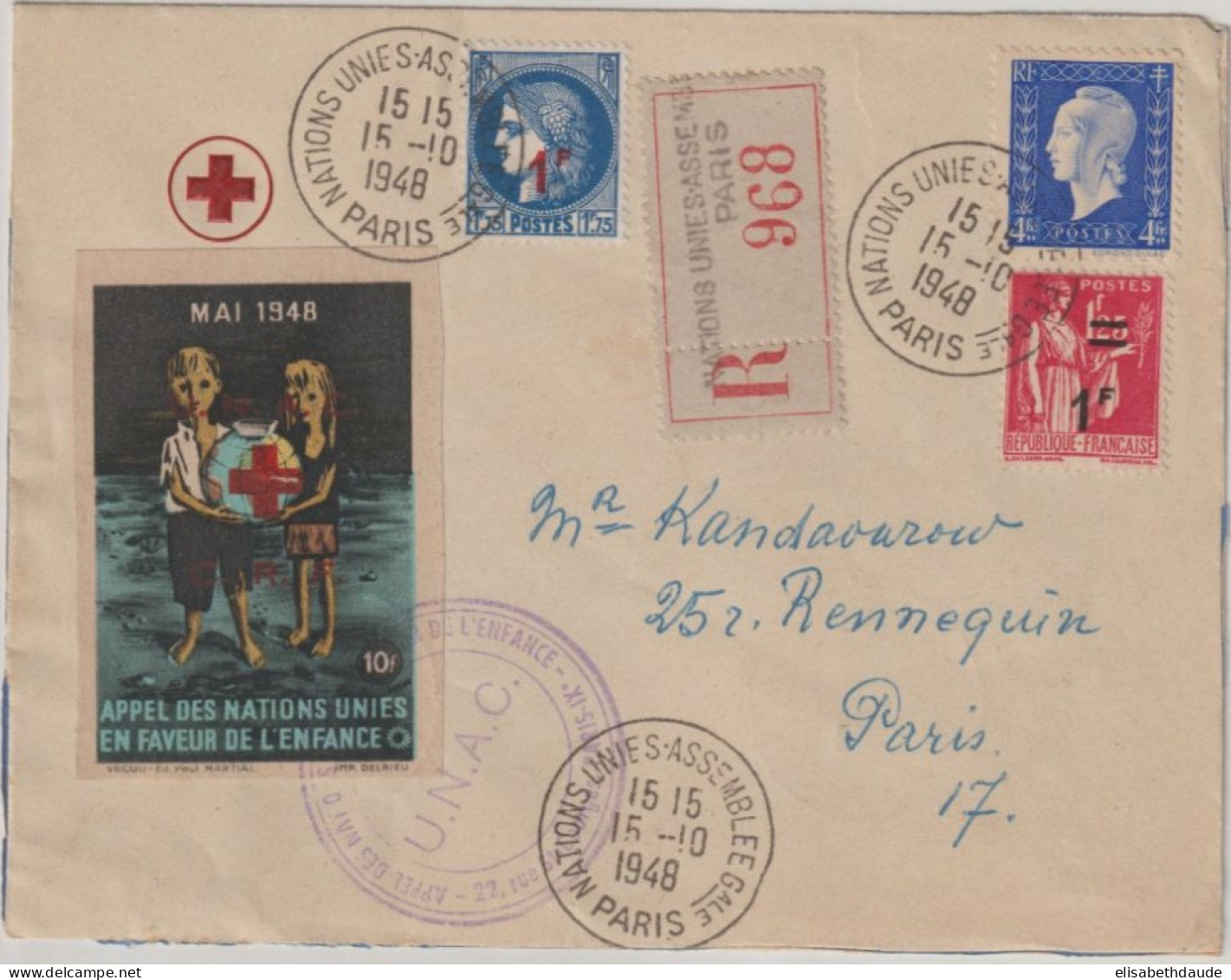 1948 - VIGNETTE CROIX-ROUGE / NATIONS UNIES - ENV. RECOMMANDEE De PARIS Avec OBLITERATION SPECIALE ASSEMBLEE GENERALE - Red Cross