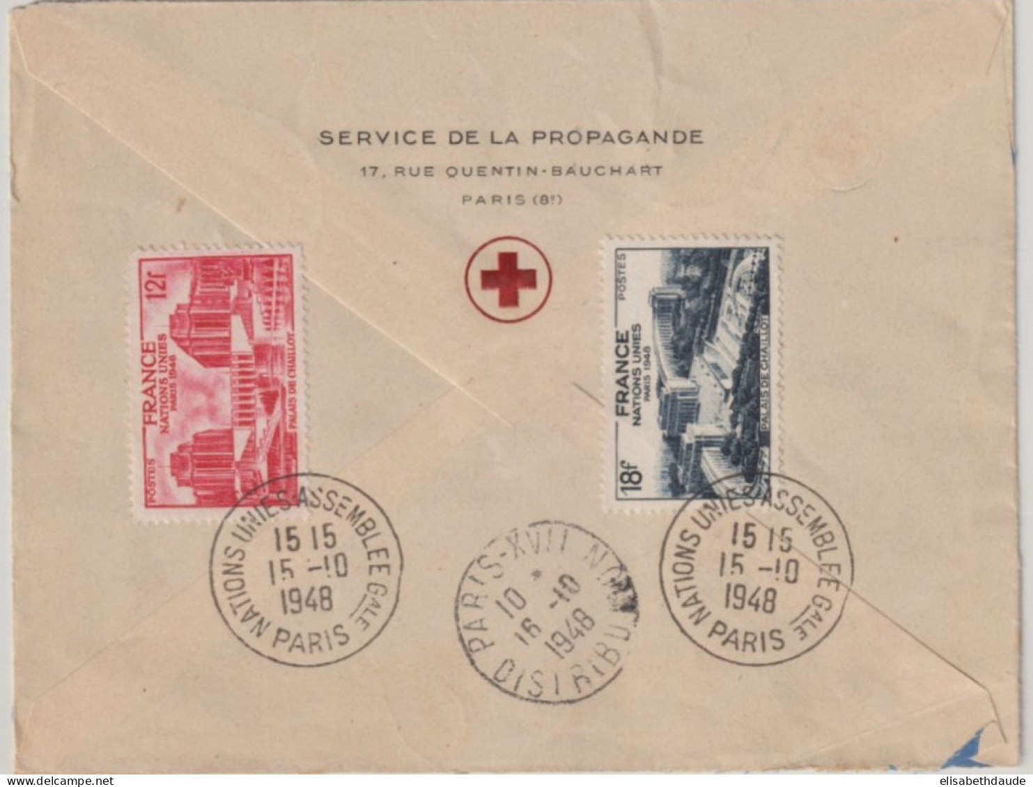 1948 - VIGNETTE CROIX-ROUGE / NATIONS UNIES - ENV. RECOMMANDEE De PARIS Avec OBLITERATION SPECIALE ASSEMBLEE GENERALE - Croix Rouge
