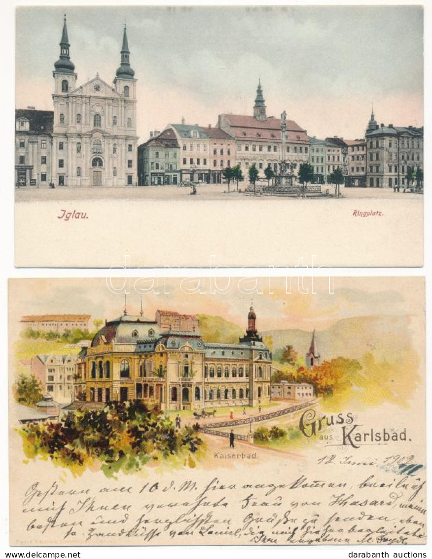 ** 2 Db RÉGI Hosszú Címzéses Cseh Képeslap: Iglau, Karlsbad / 2 Pre-1903 Czech Postcards: Jihlava, Karlovy Vary - Non Classés