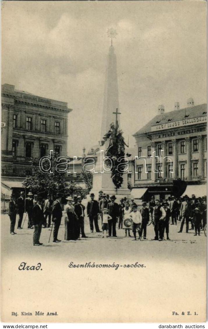 ** T1/T2 Arad, Szentháromság Szobor, Nagy Lajos Szállodája A Fehér Kereszthez, Múzeum. Ifj. Klein Mór Kiadása / Trinity  - Ohne Zuordnung