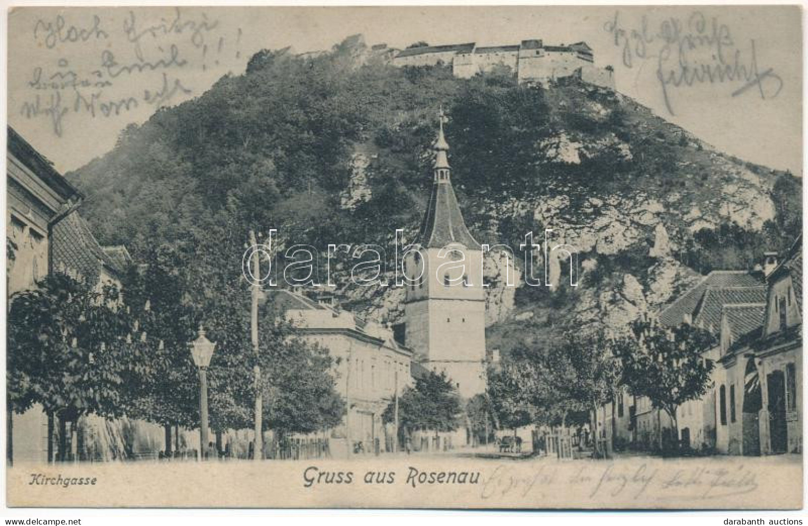 T2/T3 1907 Barcarozsnyó, Rozsnyó, Rosenau, Rasnov; Kirchgasse / Templom Utca, Vár. Georg Gutt Kiadása / Street, Castle ( - Non Classés