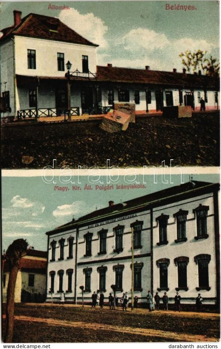 T2/T3 1913 Belényes, Beius; Vasútállomás, M. Kir. állami Polgári Leányiskola. Süssmann Lázár Kiadása / Railway Station,  - Ohne Zuordnung