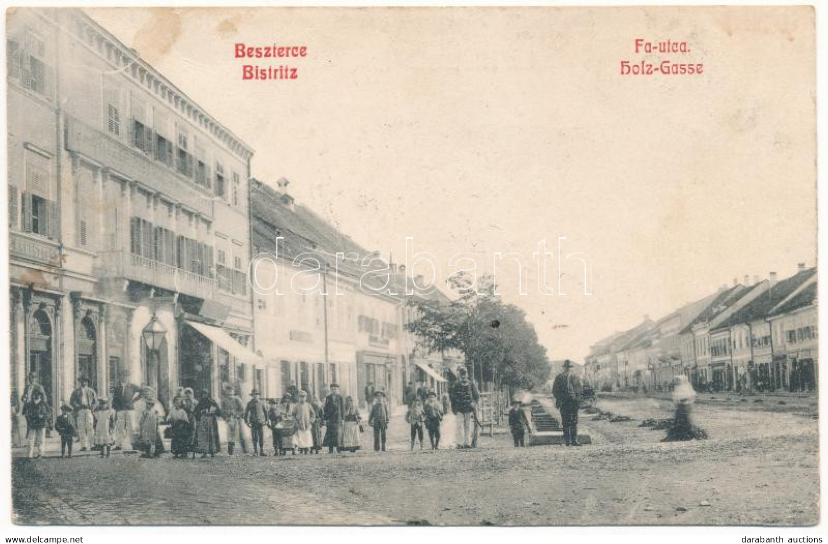 * T2/T3 1914 Beszterce, Bistritz, Bistrita; Fa Utca, Beszterce Vidéke Takarékpénztár, üzletek / Holzgasse. Bistritzer Di - Unclassified