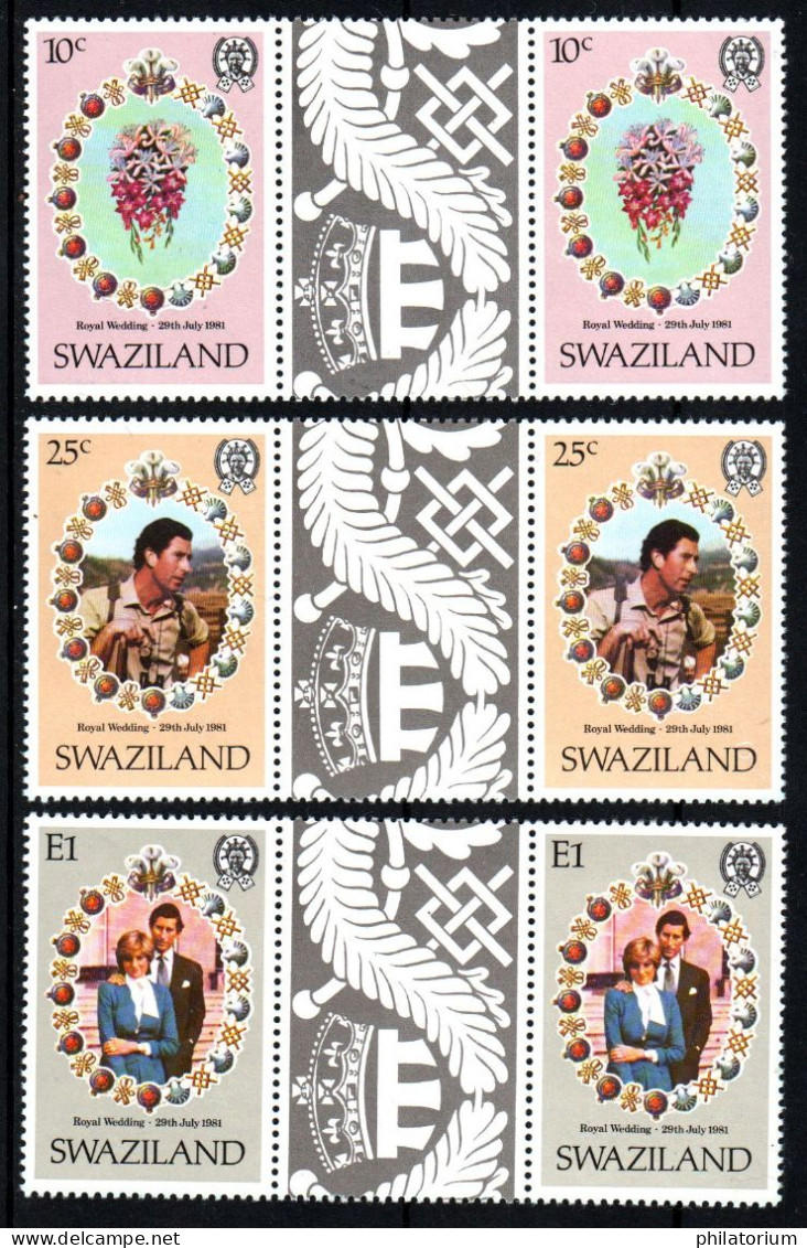 Swaziland, Eswatini, **, Yv 372 à 374, Mi 375 à 377, Sg 376 à 378, Mariage De Charles Et De Diana, Paire Avec Pont, - Swaziland (1968-...)