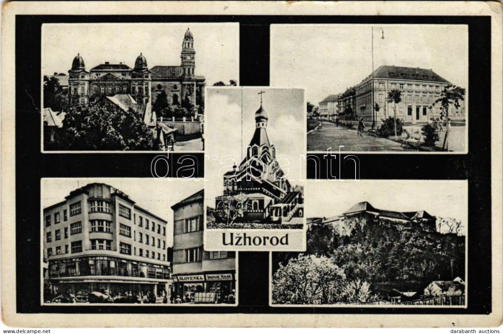 T2/T3 Ungvár, Uzshorod, Uzhhorod, Uzhorod; Fatemplom, Slovenka, Jaroslav Kolár üzlete / Wooden Church, Shops + "1938 Ung - Sin Clasificación