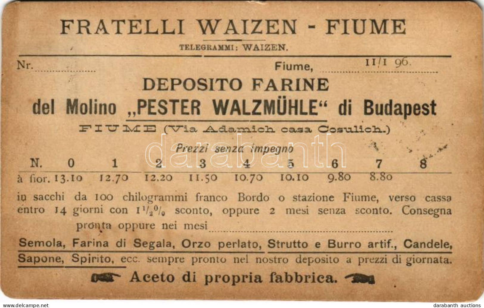 T3 1896 (Vorläufer) Fiume, Rijeka; Fratelli Waizen, Deposito Farine Del Molino "Pester Walzmühle" Di Budapest. Via Adami - Unclassified