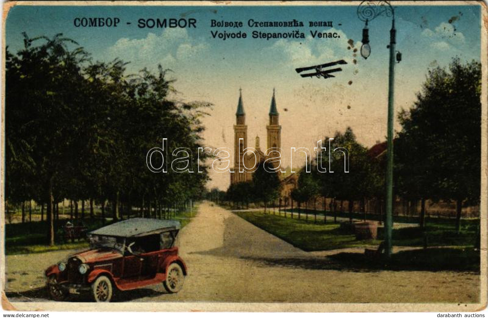 T3 Zombor, Sombor; Vojvode Stepanovica Venac / Utca, Automobil, Templom, Repülőgép / Street View, Automobile, Church, Ai - Ohne Zuordnung