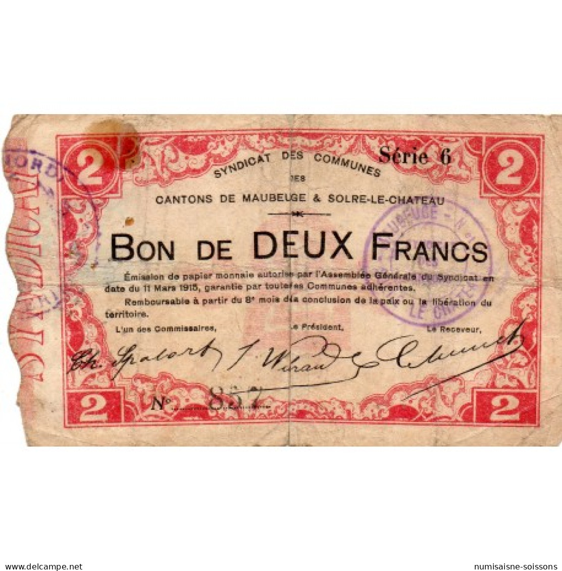 59 - MAUBEUGE - SOLRE-LE-CHATEAU - BON DE 2 FRANCS - 11/03/1915 - Non Classés