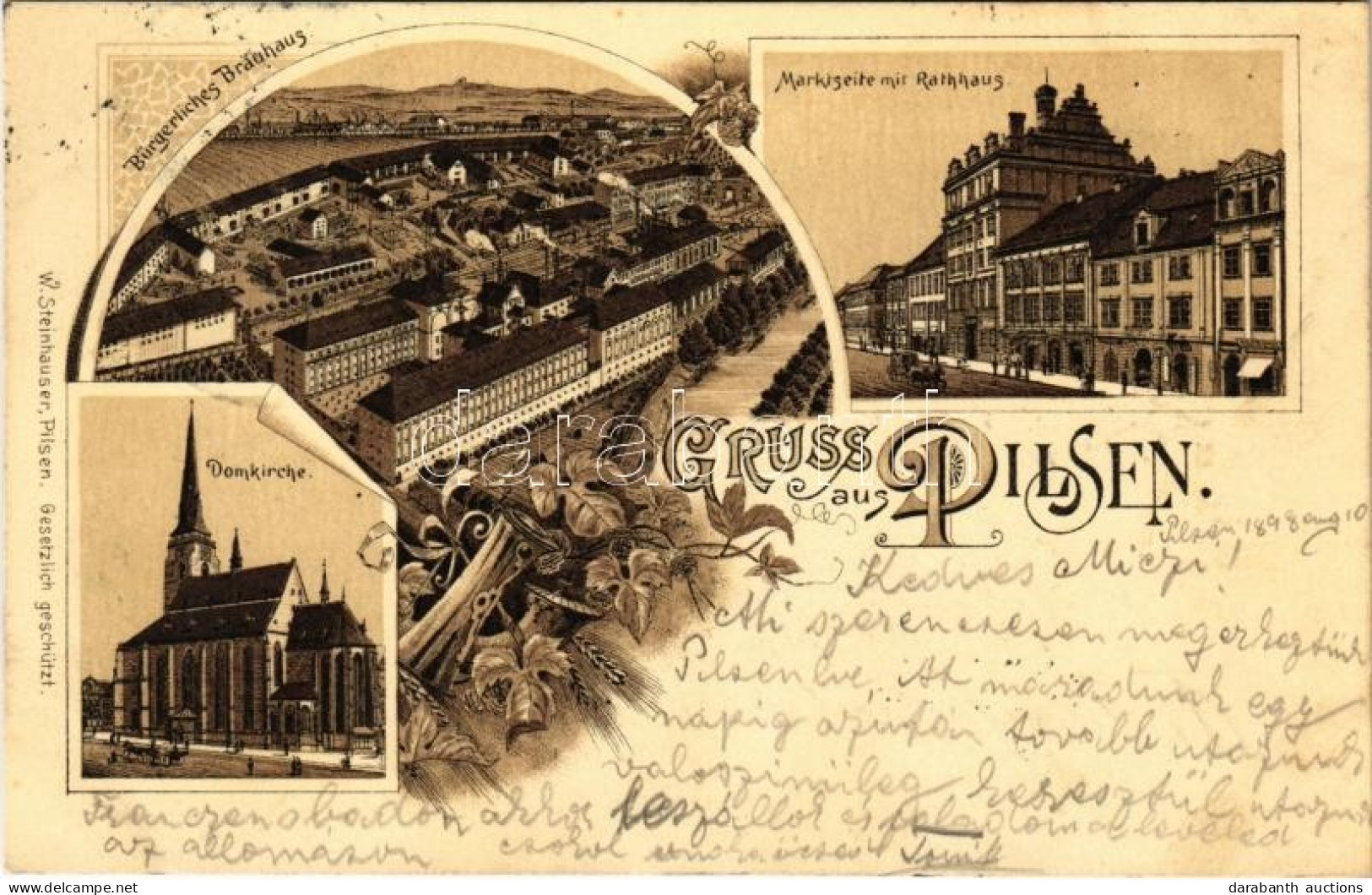 T2 1898 (Vorläufer) Plzen, Pilsen; Bürgerliches Bräuhaus, Marktseite Mit Rathhaus, Domkirche / Brewery, Street, Town Hal - Non Classés