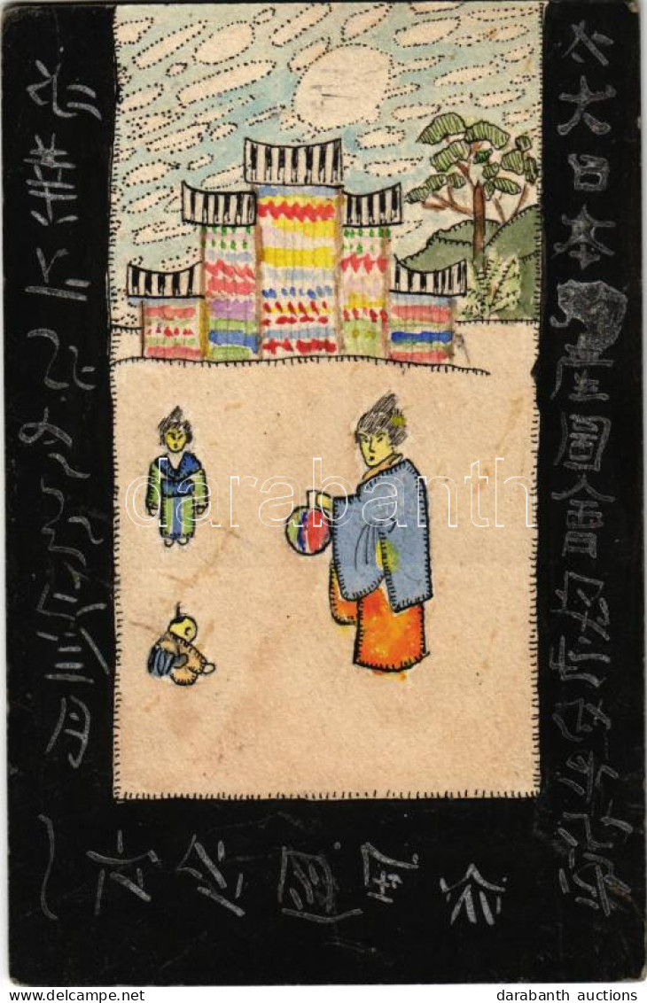 ** T2/T3 Kézzel Rajzolt és Színezett Lap Kínai Gyerekekről / Hand-drawn And Painted Art Postcard Of Playing Chinese Chil - Non Classés