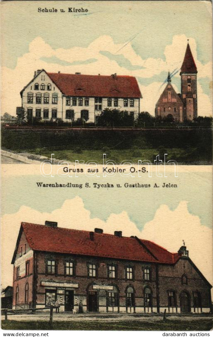 T3 1914 Kobiór, Kobier; Schule U. Kirche, Warenhandlung S. Tyczka U. Gasthaus A. Jelen / School And Church, Shop Of Tycz - Ohne Zuordnung