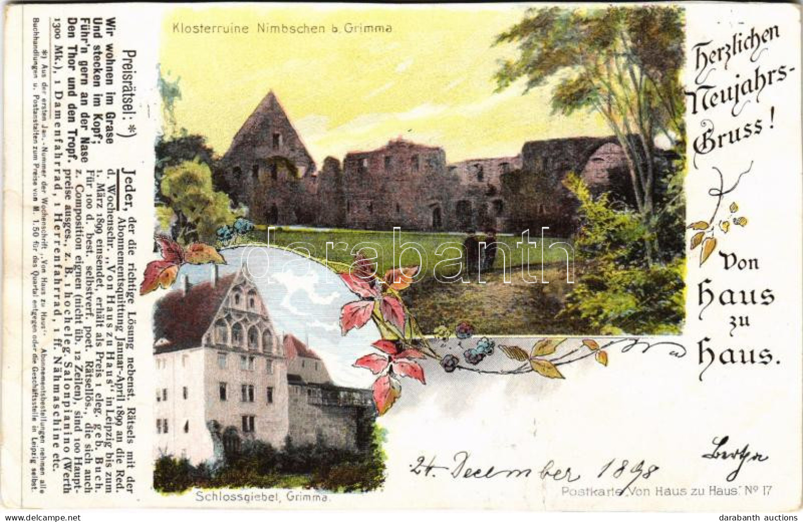 * T3 1898 (Vorläufer) Grimma, Klosterruine Nimbschen, Schlossgiebel. Herzlichen Neujahrs Gruss! Von Haus Zu Haus / New Y - Ohne Zuordnung