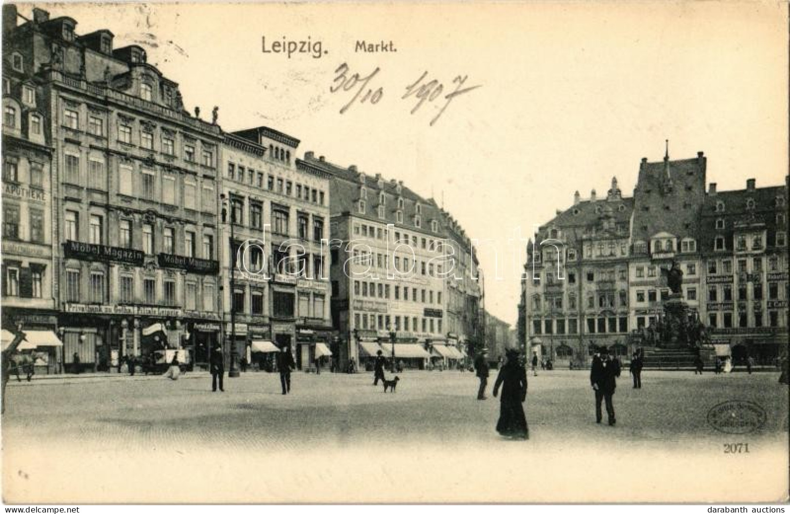 T2/T3 1907 Leipzig, Markt, Möbel-Magazin, Pirvatbank, Zachntechniker, Conditorei & Café, Apotheke / Market, Shops, Bank, - Non Classés